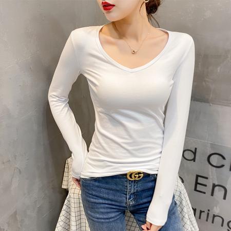 爆款现货韩版纯棉修身打底衫女长袖紧身v字领新款春秋内搭衣 服裝批發女裝批發服飾貨源