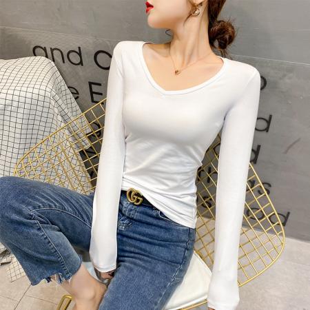 爆款现货韩版纯棉修身打底衫女长袖紧身v字领新款春秋内搭衣 服裝批發女裝批發服飾貨源