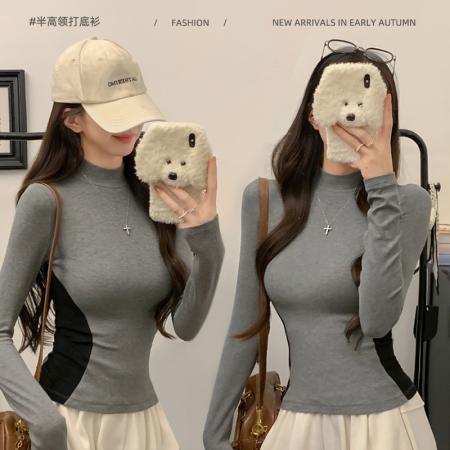 爆款法式螺纹半高领打底衫女内搭春秋季洋气灰色中领新拼接腰侧撞色显瘦长袖 服裝批發女裝批發服飾貨源