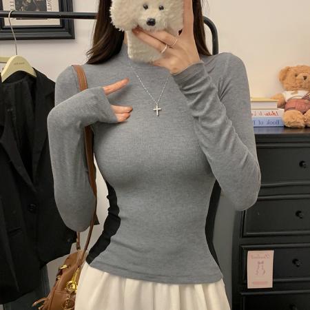 爆款法式螺纹半高领打底衫女内搭春秋季洋气灰色中领新拼接腰侧撞色显瘦长袖 服裝批發女裝批發服飾貨源