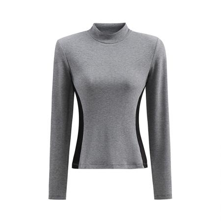 爆款法式螺纹半高领打底衫女内搭春秋季洋气灰色中领新拼接腰侧撞色显瘦长袖 服裝批發女裝批發服飾貨源