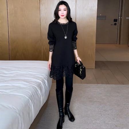 FA52330# 时尚蕾丝拼接气质长袖T恤女秋冬新款宽松遮肉洋气大码中长款上衣  服裝批發女裝批發服飾貨源