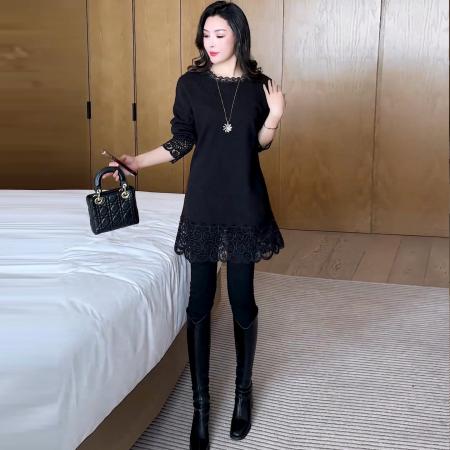 FA52330# 时尚蕾丝拼接气质长袖T恤女秋冬新款宽松遮肉洋气大码中长款上衣  服裝批發女裝批發服飾貨源