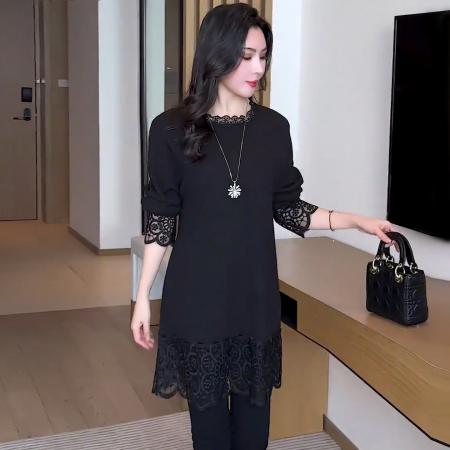 FA52330# 时尚蕾丝拼接气质长袖T恤女秋冬新款宽松遮肉洋气大码中长款上衣  服裝批發女裝批發服飾貨源