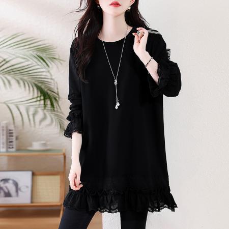 FA52331# 秋冬新款圆领拼接刺绣蕾丝边宽松遮肉大码中长款长袖卫衣  服裝批發女裝批發服飾貨源