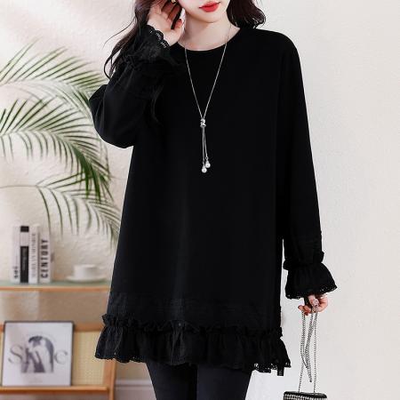 FA52331# 秋冬新款圆领拼接刺绣蕾丝边宽松遮肉大码中长款长袖卫衣  服裝批發女裝批發服飾貨源