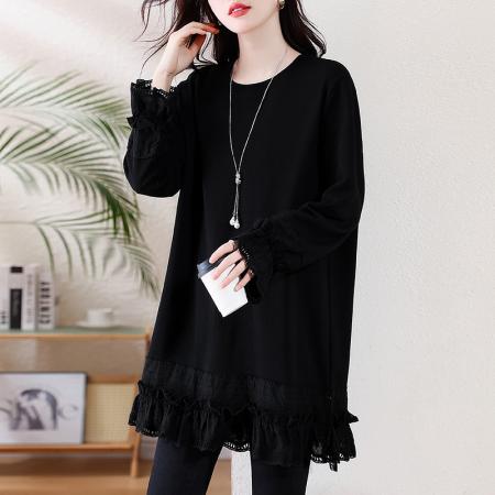 FA52331# 秋冬新款圆领拼接刺绣蕾丝边宽松遮肉大码中长款长袖卫衣  服裝批發女裝批發服飾貨源