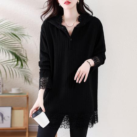 FA52332# 秋冬新款韩版刺绣蕾丝钩花拼接连帽中长款大码宽松上衣女  服裝批發女裝批發服飾貨源