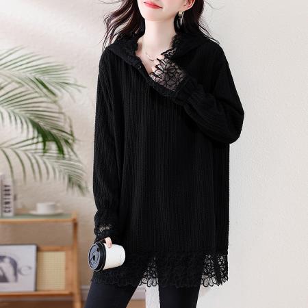 FA52332# 秋冬新款韩版刺绣蕾丝钩花拼接连帽中长款大码宽松上衣女  服裝批發女裝批發服飾貨源