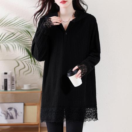 FA52332# 秋冬新款韩版刺绣蕾丝钩花拼接连帽中长款大码宽松上衣女  服裝批發女裝批發服飾貨源