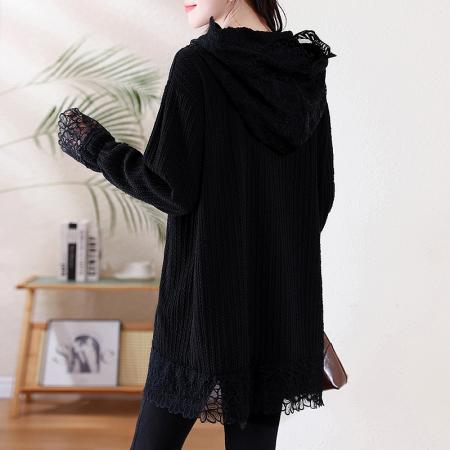 FA52332# 秋冬新款韩版刺绣蕾丝钩花拼接连帽中长款大码宽松上衣女  服裝批發女裝批發服飾貨源