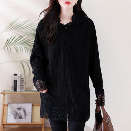 FA52332# 秋冬新款韩版刺绣蕾丝钩花拼接连帽中长款大码宽松上衣女  服裝批發女裝批發服飾貨源