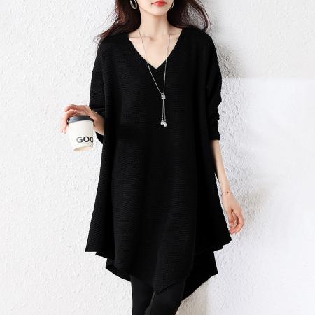 FA52333# 秋冬新款休闲洋气不规则胖mm大码v领百搭中长设计感上衣  服裝批發女裝批發服飾貨源