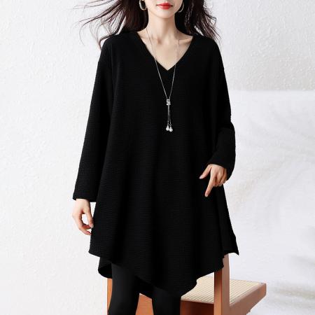 FA52333# 秋冬新款休闲洋气不规则胖mm大码v领百搭中长设计感上衣  服裝批發女裝批發服飾貨源