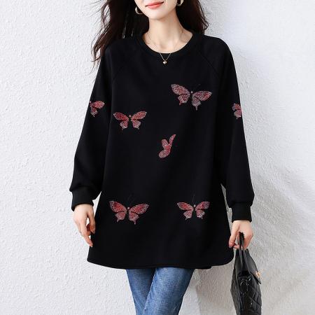 FA52334# 秋冬新款韩版圆领套头休闲风卫衣重工烫钻洋气黑色上衣女  服裝批發女裝批發服飾貨源