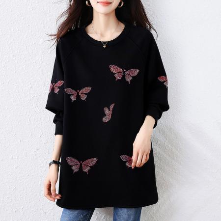 FA52334# 秋冬新款韩版圆领套头休闲风卫衣重工烫钻洋气黑色上衣女  服裝批發女裝批發服飾貨源