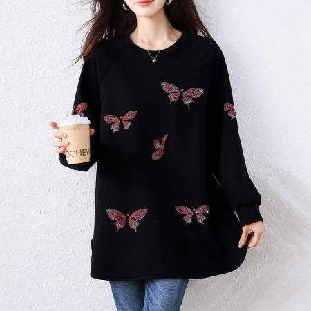 FA52334# 秋冬新款韩版圆领套头休闲风卫衣重工烫钻洋气黑色上衣女  服裝批發女裝批發服飾貨源