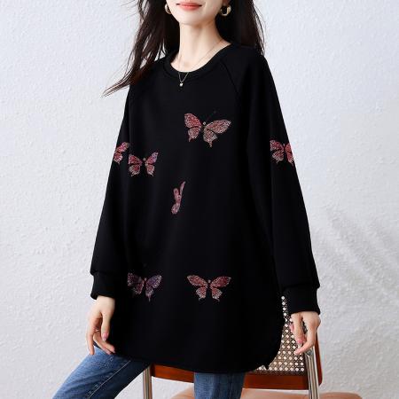 FA52334# 秋冬新款韩版圆领套头休闲风卫衣重工烫钻洋气黑色上衣女  服裝批發女裝批發服飾貨源