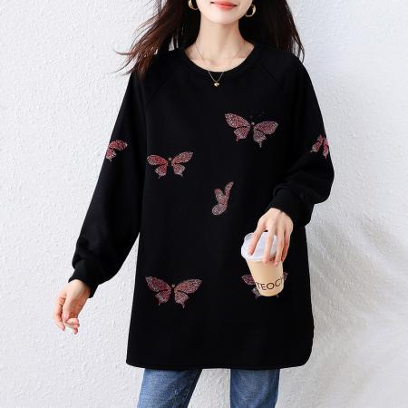 FA52334# 秋冬新款韩版圆领套头休闲风卫衣重工烫钻洋气黑色上衣女  服裝批發女裝批發服飾貨源