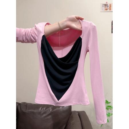 FA52335# 撞色低领长袖短款上衣秋冬名媛千金高级感轻奢性感纯欲风T恤  服裝批發女裝批發服飾貨源