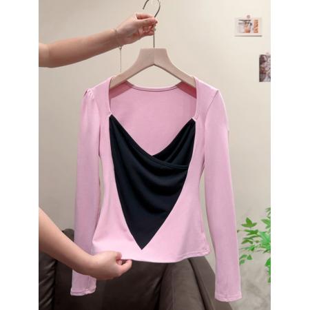 FA52335# 撞色低领长袖短款上衣秋冬名媛千金高级感轻奢性感纯欲风T恤  服裝批發女裝批發服飾貨源