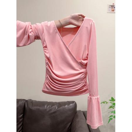 FA52336# 时尚甜辣风V领褶皱长袖打底衫T恤女秋冬新款修身显瘦内搭上衣  服裝批發女裝批發服飾貨源