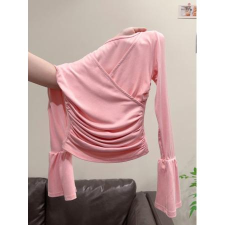 FA52336# 时尚甜辣风V领褶皱长袖打底衫T恤女秋冬新款修身显瘦内搭上衣  服裝批發女裝批發服飾貨源