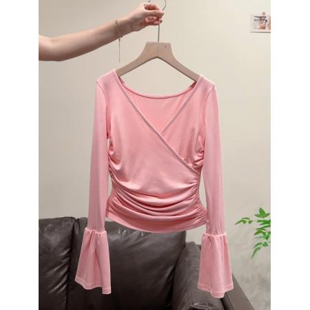 FA52336# 时尚甜辣风V领褶皱长袖打底衫T恤女秋冬新款修身显瘦内搭上衣  服裝批發女裝批發服飾貨源