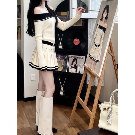 FA52337# 学院风气质甜美撞色一字肩连衣裙秋冬新款辣妹修身针织短裙女配送两条腰带  服裝批發女裝批發服飾貨源