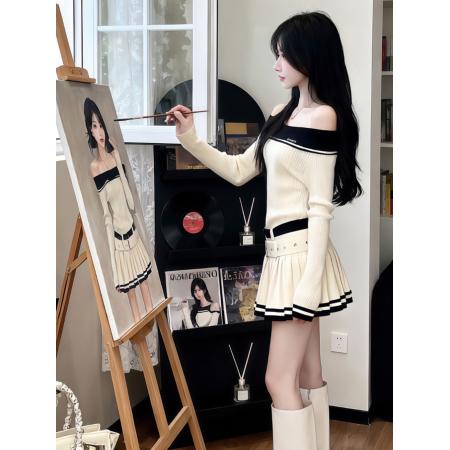 FA52337# 学院风气质甜美撞色一字肩连衣裙秋冬新款辣妹修身针织短裙女配送两条腰带  服裝批發女裝批發服飾貨源