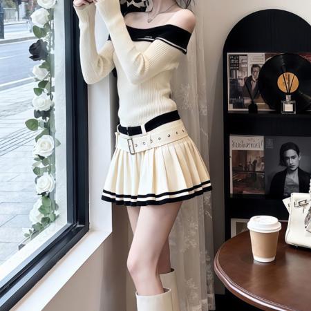 FA52337# 学院风气质甜美撞色一字肩连衣裙秋冬新款辣妹修身针织短裙女配送两条腰带  服裝批發女裝批發服飾貨源