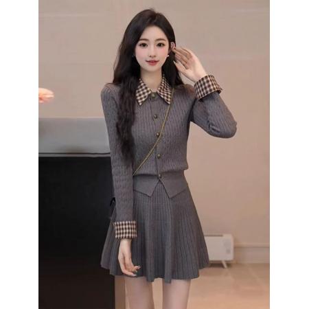 FA52343# 小香学院风套装格纹Polo领修身针织上衣百褶短裙气质两件套冬  服裝批發女裝批發服飾貨源
