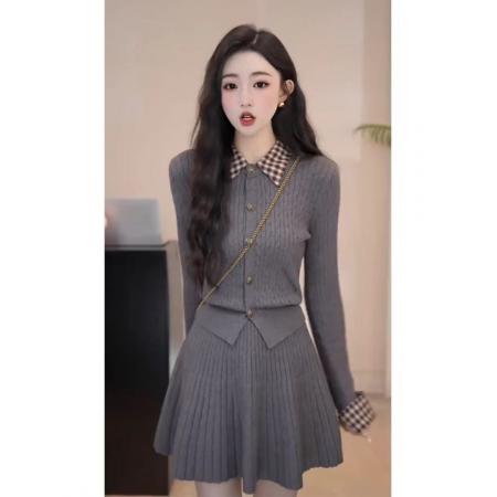 FA52343# 小香学院风套装格纹Polo领修身针织上衣百褶短裙气质两件套冬  服裝批發女裝批發服飾貨源