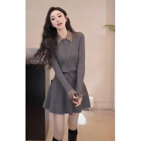 FA52343# 小香学院风套装格纹Polo领修身针织上衣百褶短裙气质两件套冬  服裝批發女裝批發服飾貨源
