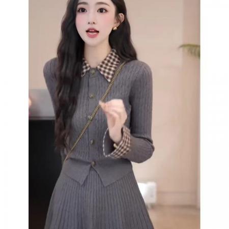 FA52343# 小香学院风套装格纹Polo领修身针织上衣百褶短裙气质两件套冬  服裝批發女裝批發服飾貨源