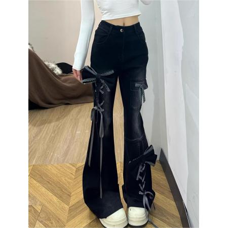 FA52345# 黑色喇叭长裤女秋冬季立体蝴蝶结设计y2k辣妹修身高腰显瘦牛仔裤  服裝批發女裝批發服飾貨源