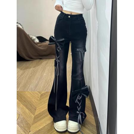 FA52345# 黑色喇叭长裤女秋冬季立体蝴蝶结设计y2k辣妹修身高腰显瘦牛仔裤  服裝批發女裝批發服飾貨源