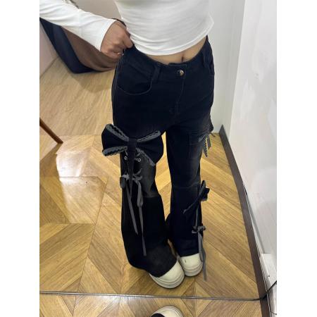 FA52345# 黑色喇叭长裤女秋冬季立体蝴蝶结设计y2k辣妹修身高腰显瘦牛仔裤  服裝批發女裝批發服飾貨源