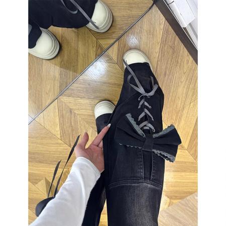 FA52345# 黑色喇叭长裤女秋冬季立体蝴蝶结设计y2k辣妹修身高腰显瘦牛仔裤  服裝批發女裝批發服飾貨源