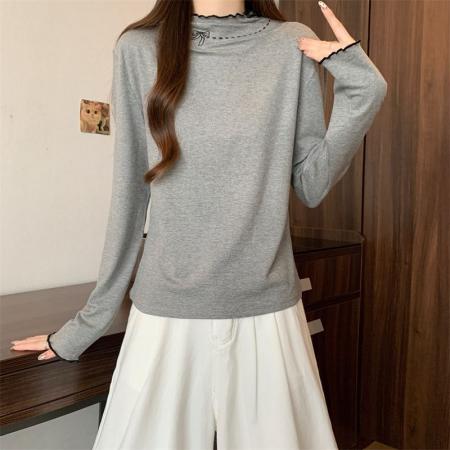 FA52348# 半高领打底衫女秋冬新款蝴蝶结内搭保暖上衣韩版t恤女  服裝批發女裝批發服飾貨源