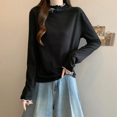 FA52348# 半高领打底衫女秋冬新款蝴蝶结内搭保暖上衣韩版t恤女  服裝批發女裝批發服飾貨源