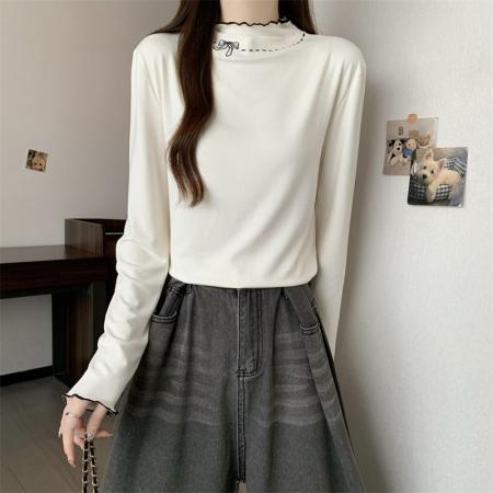 FA52348# 半高领打底衫女秋冬新款蝴蝶结内搭保暖上衣韩版t恤女  服裝批發女裝批發服飾貨源