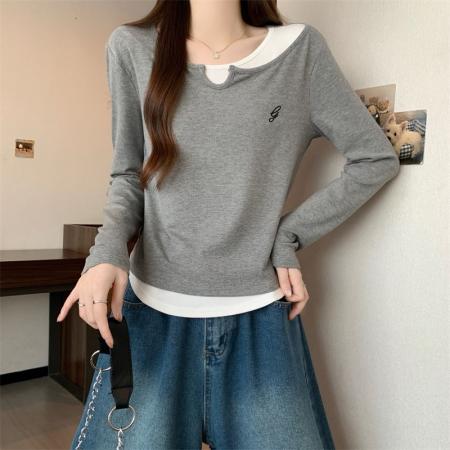 FA52349# 假两件打底衫女秋冬韩版新款长袖t恤修身撞色百搭上衣ins  服裝批發女裝批發服飾貨源