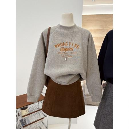 FA52351# 纯棉华棉复奥粒绒刺绣字母慵懒休闲保暖半高领套头卫衣女  服裝批發女裝批發服飾貨源