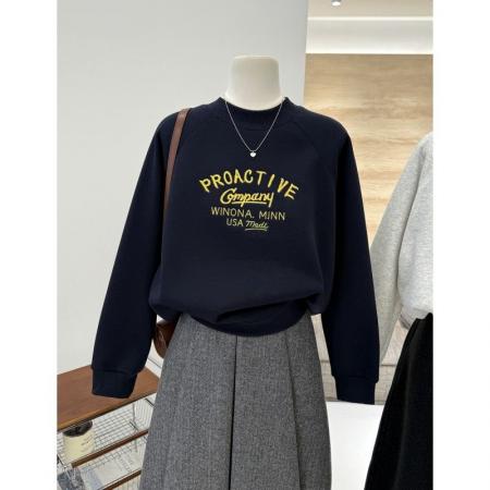 FA52351# 纯棉华棉复奥粒绒刺绣字母慵懒休闲保暖半高领套头卫衣女  服裝批發女裝批發服飾貨源