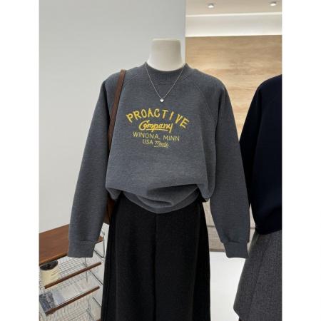 FA52351# 纯棉华棉复奥粒绒刺绣字母慵懒休闲保暖半高领套头卫衣女  服裝批發女裝批發服飾貨源