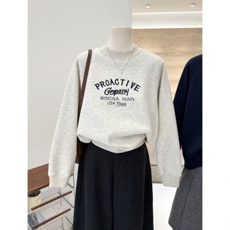 FA52351# 纯棉华棉复奥粒绒刺绣字母慵懒休闲保暖半高领套头卫衣女  服裝批發女裝批發服飾貨源