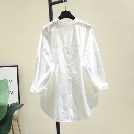 FA52362# 秋季新款纯棉长袖衬衫女宽松百搭设计感中长款开叉衬衣女外穿  服裝批發女裝批發服飾貨源