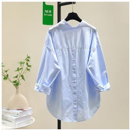 FA52362# 秋季新款纯棉长袖衬衫女宽松百搭设计感中长款开叉衬衣女外穿  服裝批發女裝批發服飾貨源