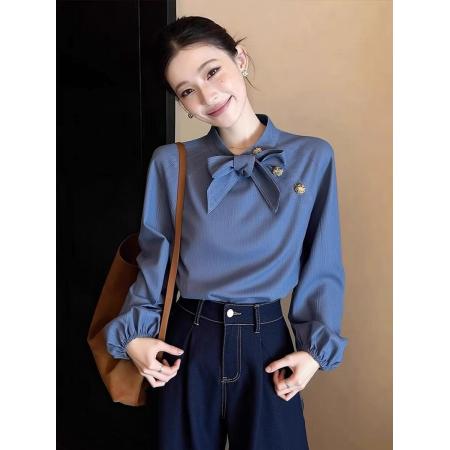 FA52364# 今年流行的漂亮小衫高级感轻奢减龄洋气设计感小众蓝色衬衫早春女  服裝批發女裝批發服飾貨源